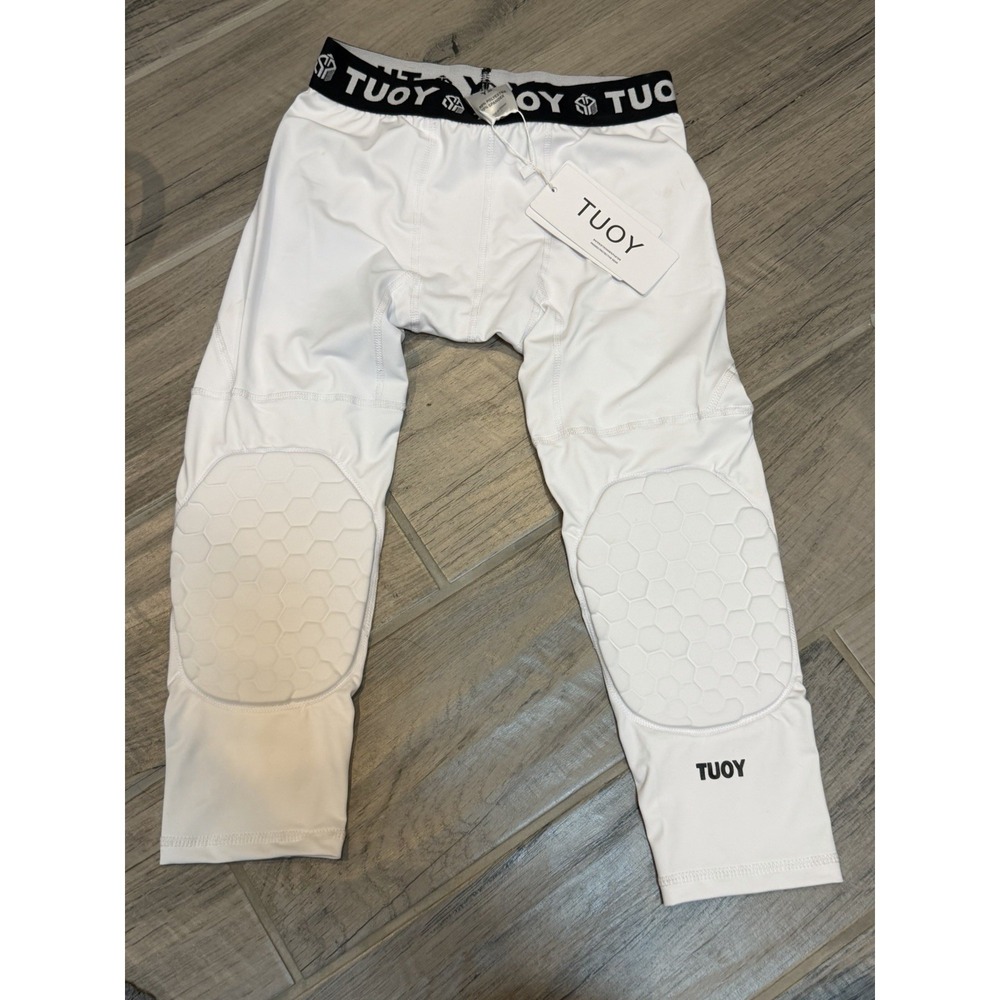 TUOY Youth Small Padded Compression 3/4 Leggings‎ Knee Pads White Sports Athlete